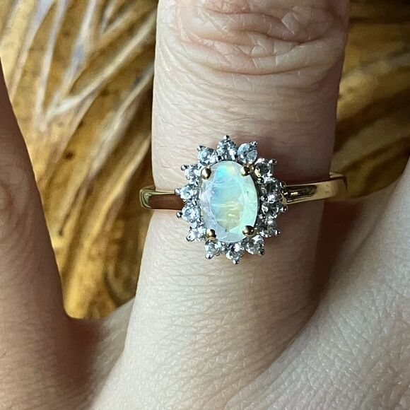 Natural Rainbow Moonstone Sterling Silver Halo Ring Size 6 - Picture 1 of 8
